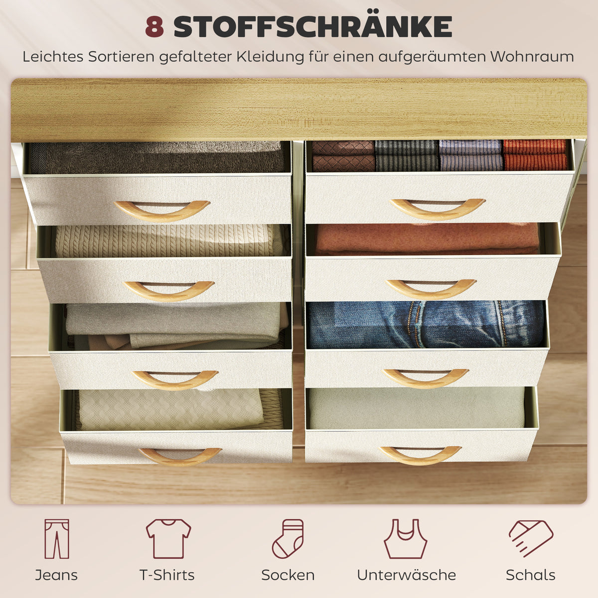 Kommode mit 8 Stoffschubladen und Seitentaschen