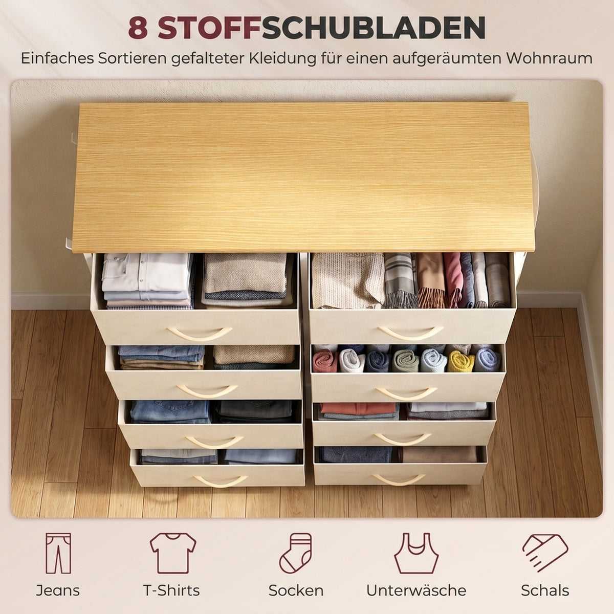 Kommode mit 8 Stoffschubladen und Seitentaschen