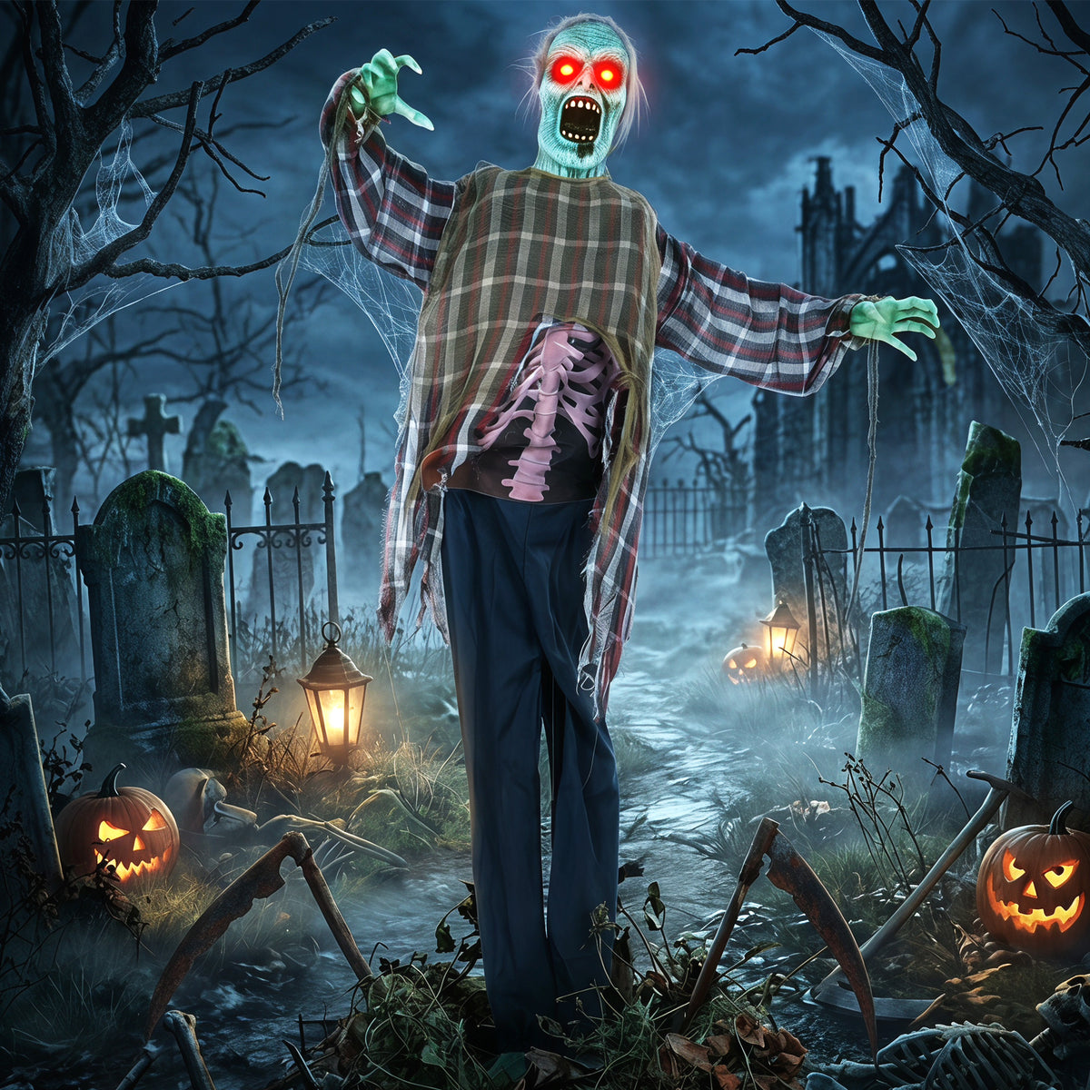 Animierter Halloween-Zombie mit Sound und roten LED-Augen