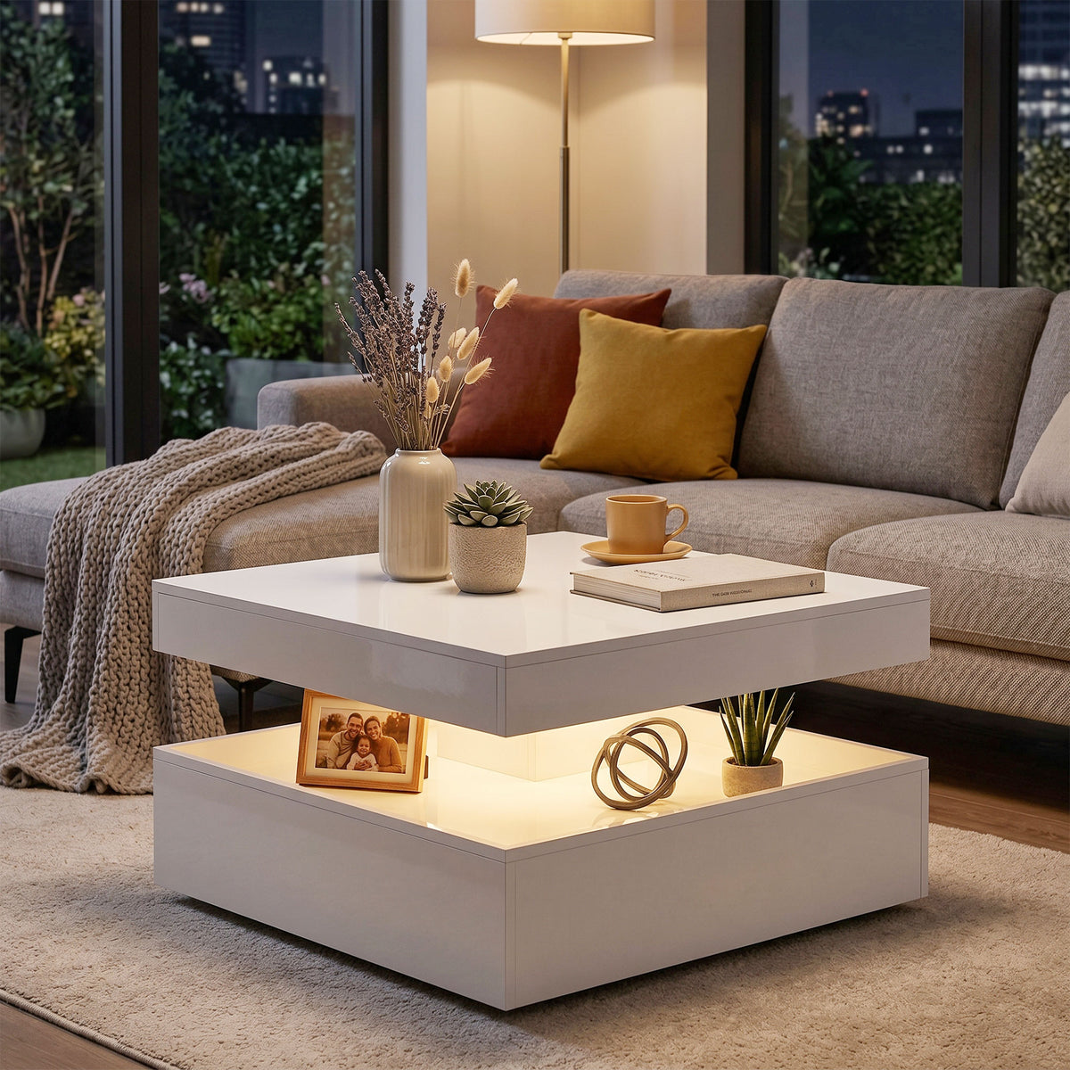 LED-Couchtisch mit offenem Stauraum und Fernbedienung