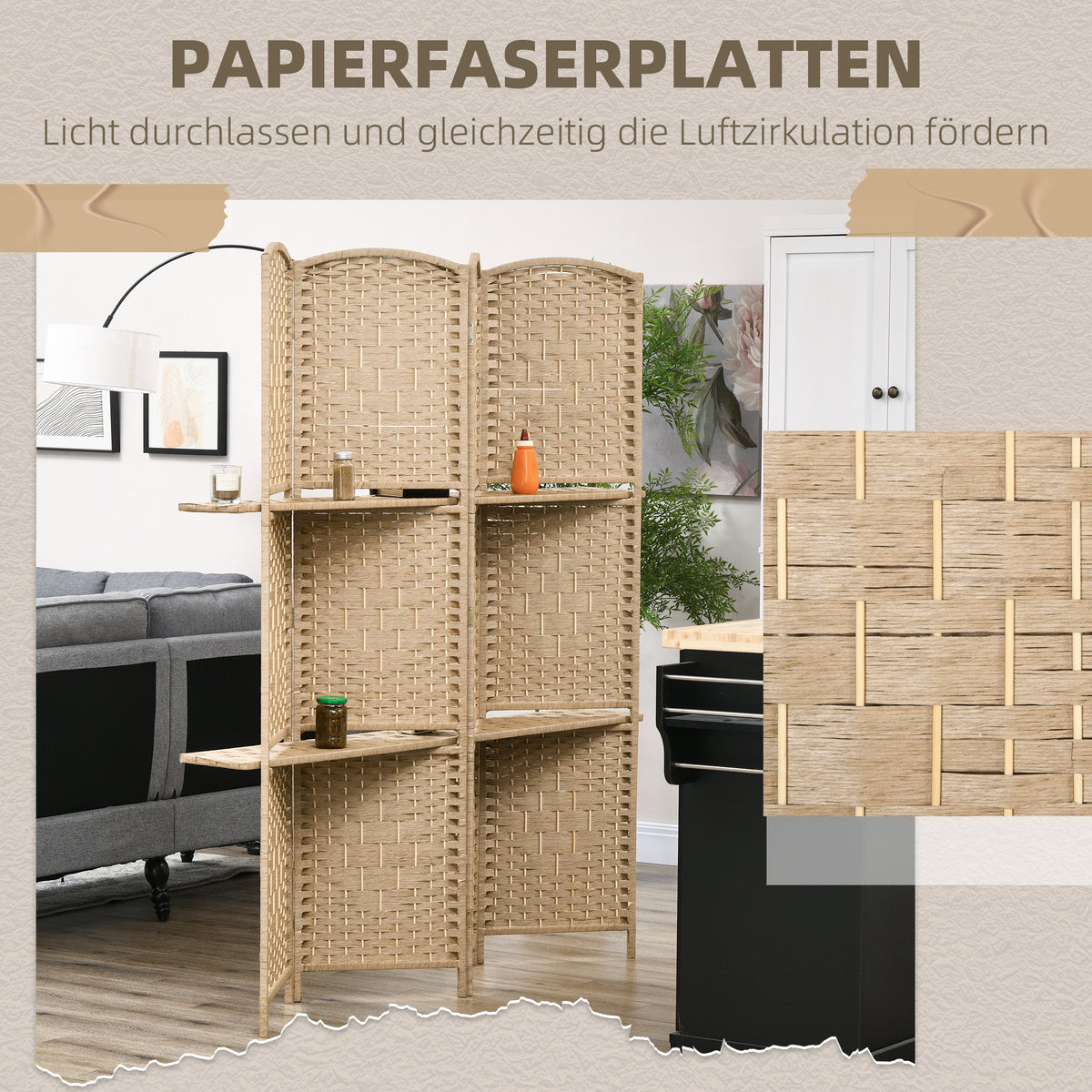 4-teiliger Paravent mit zwei Regalen