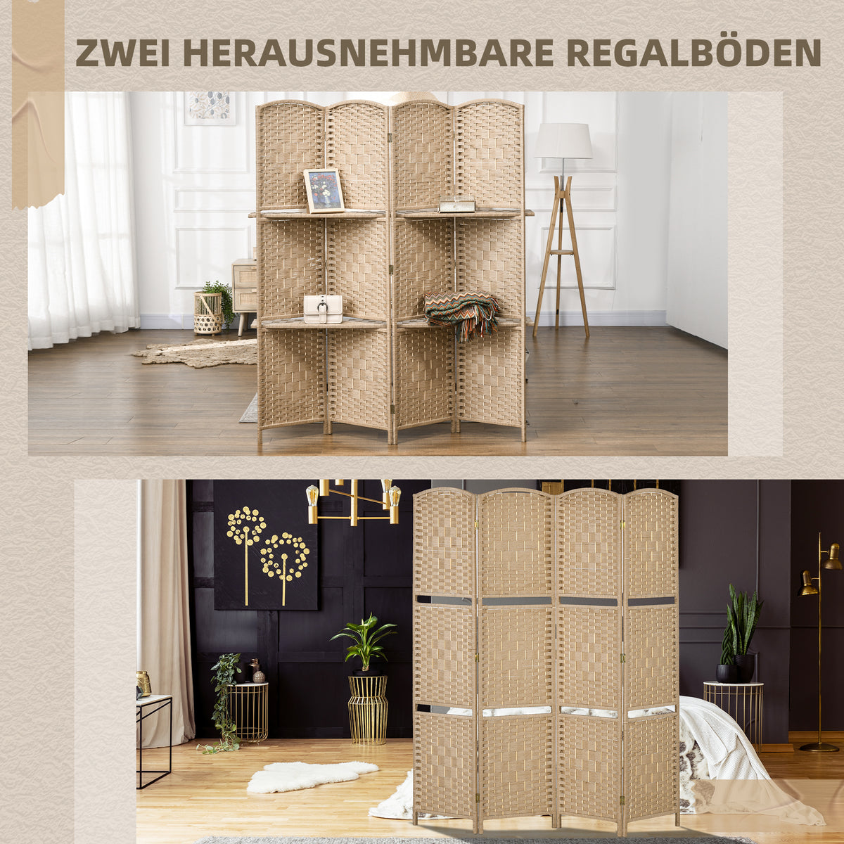 4-teiliger Paravent mit zwei Regalen