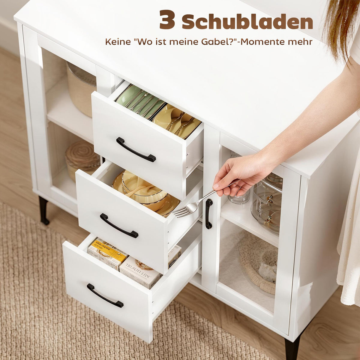 Sideboard mit 3 Schubladen und 2 Glastüren