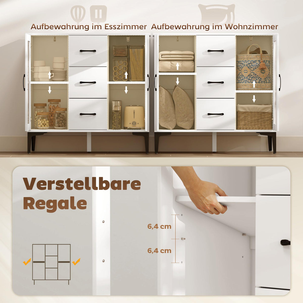 Sideboard mit 3 Schubladen und 2 Glastüren