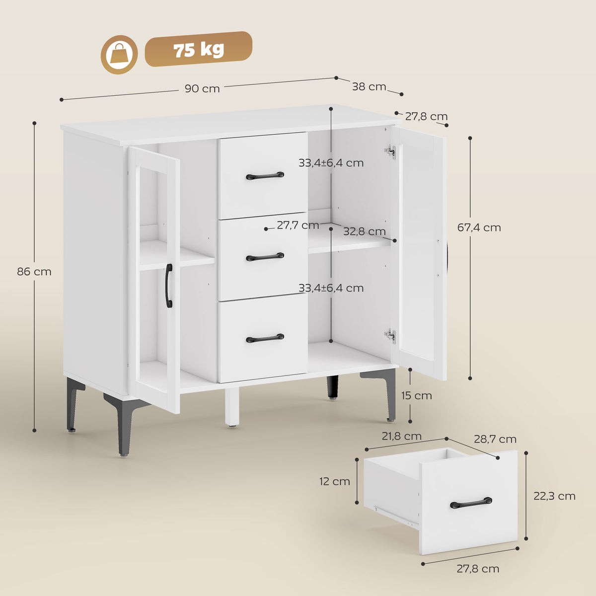 Sideboard mit 3 Schubladen und 2 Glastüren