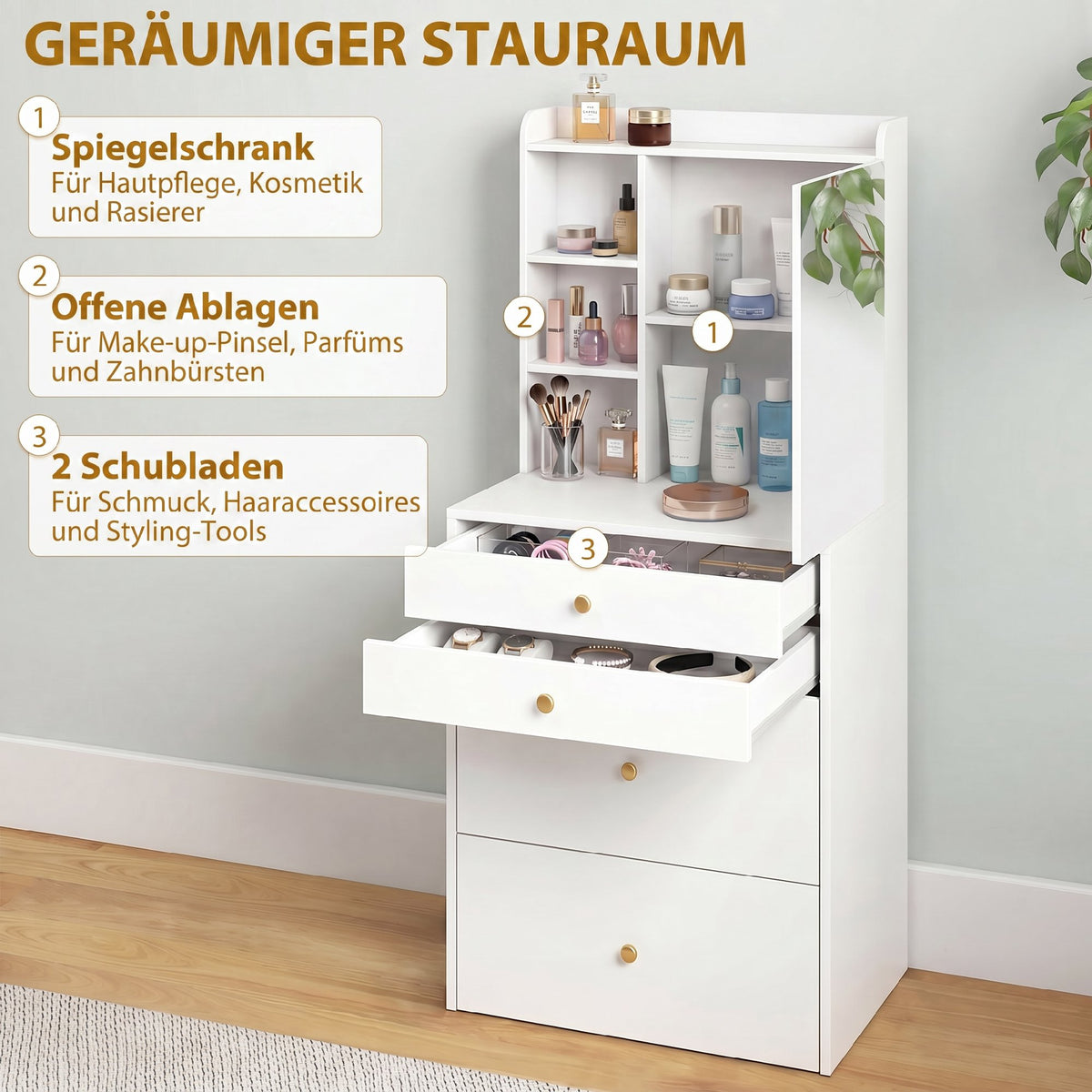 Schminktisch mit Spiegel, Hocker und Stauraum