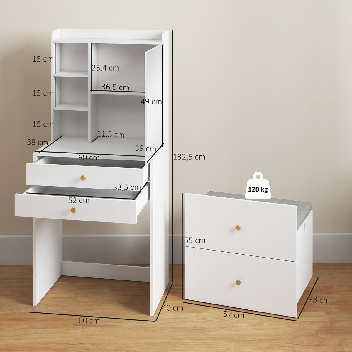 Schminktisch mit Spiegel, Hocker und Stauraum