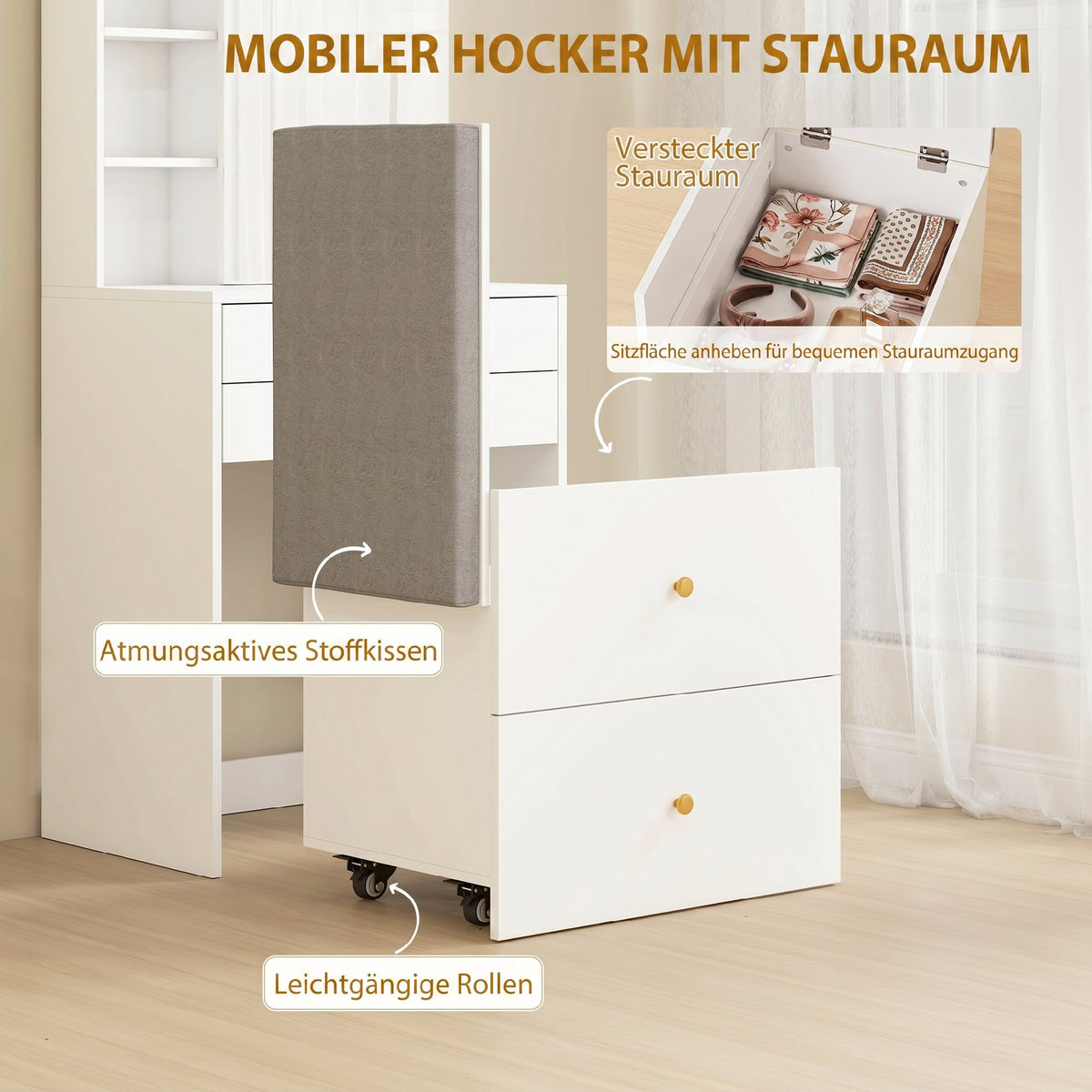 Schminktisch mit Spiegel, Hocker und Stauraum