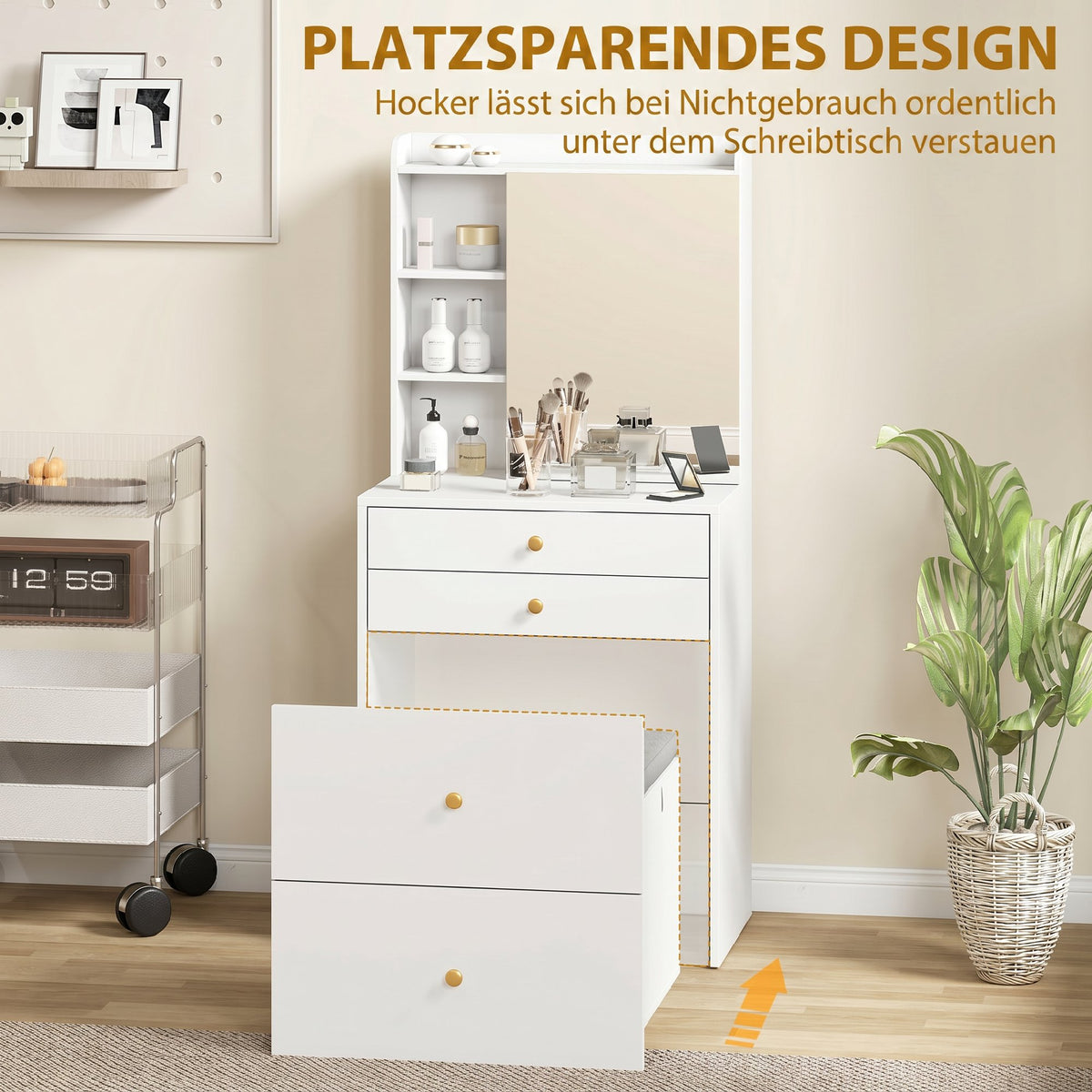 Schminktisch mit Spiegel, Hocker und Stauraum