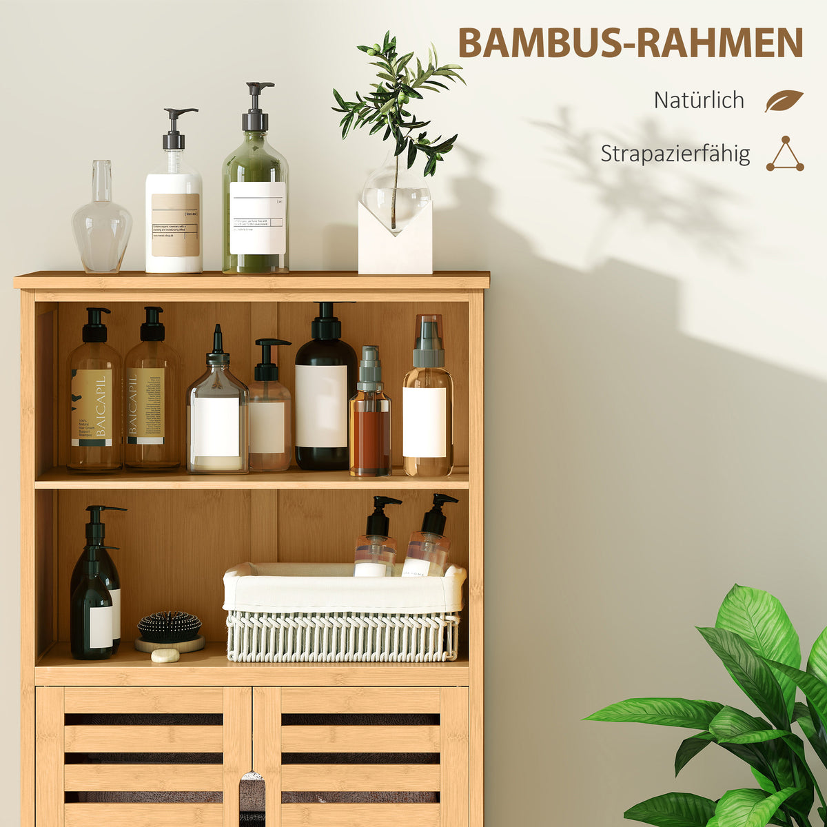 Badezimmerschrank aus Bambus mit Lamellentüren