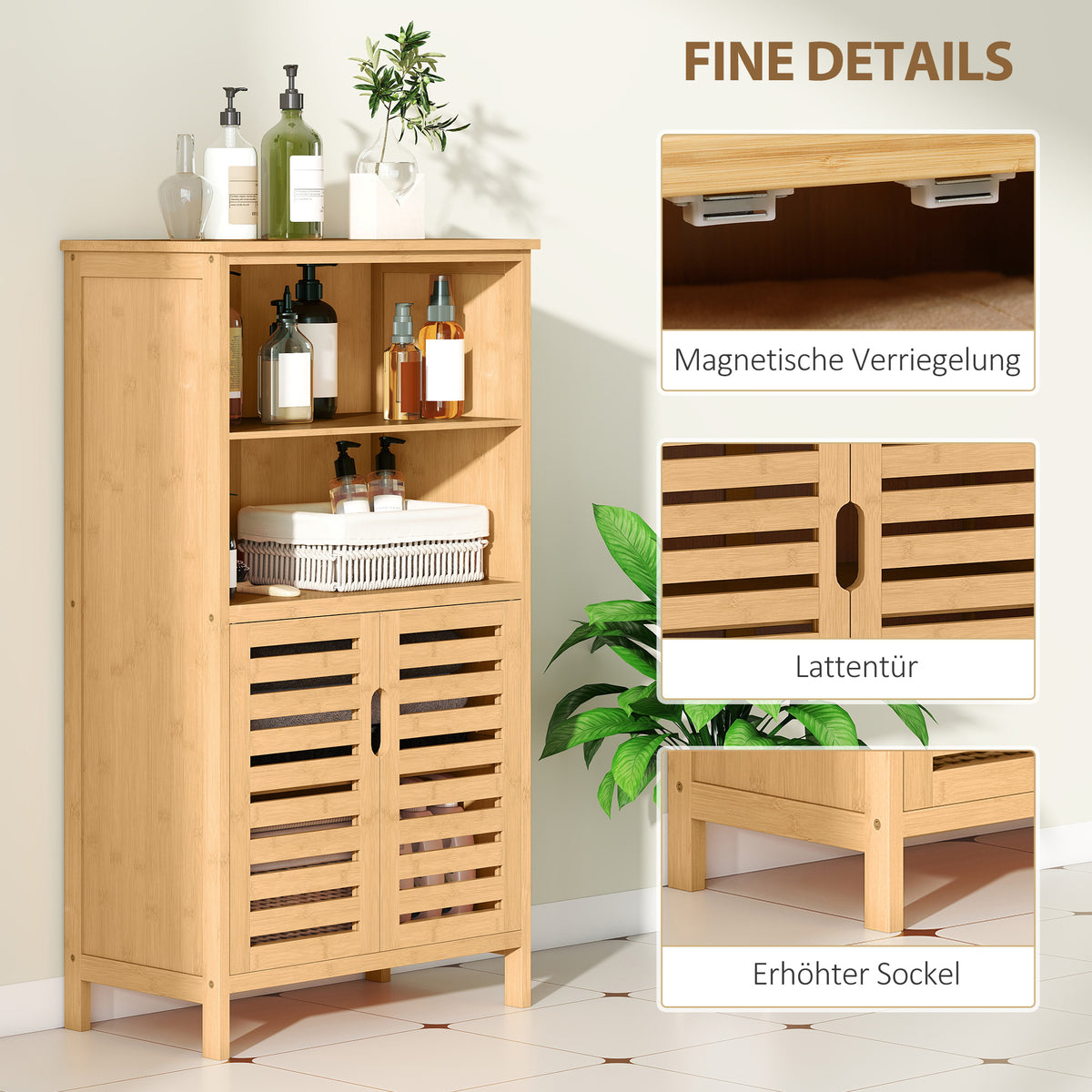 Badezimmerschrank aus Bambus mit Lamellentüren