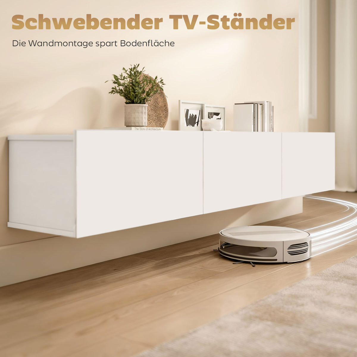 Wandhängendes TV-Lowboard mit drei Klappen, Weiß