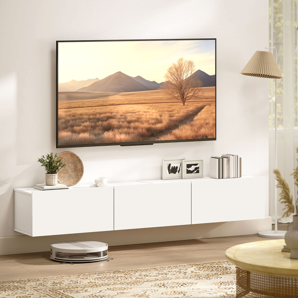 Wandhängendes TV-Lowboard mit drei Klappen, Weiß