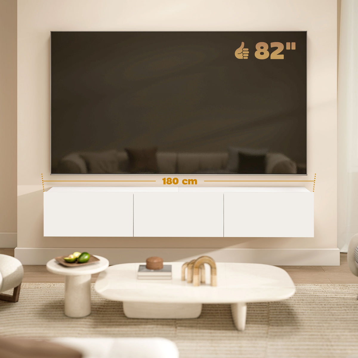Wandhängendes TV-Lowboard mit drei Klappen, Weiß