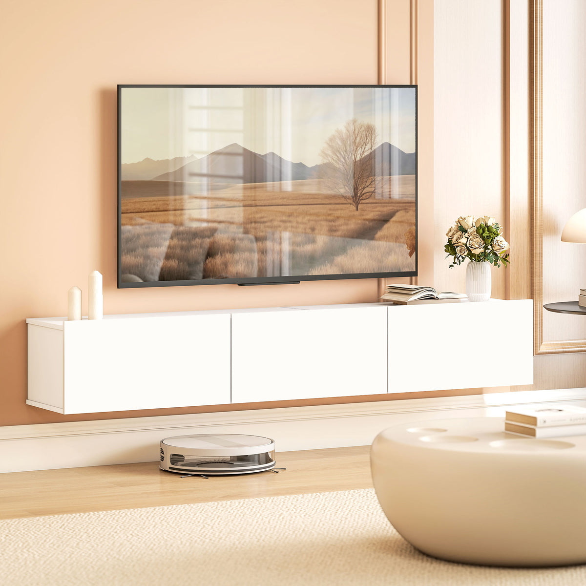 Wandhängendes TV-Lowboard mit drei Klappen, Weiß