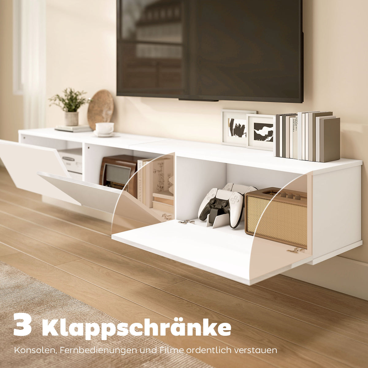 Wandhängendes TV-Lowboard mit drei Klappen, Weiß