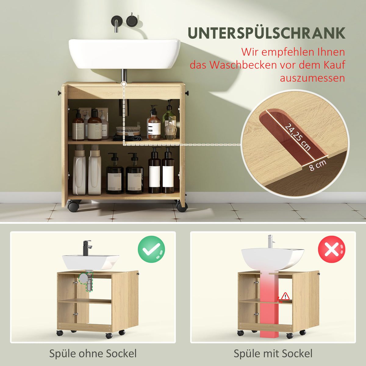 Waschbeckenunterschrank mit Rollen und verstellbarem Regal