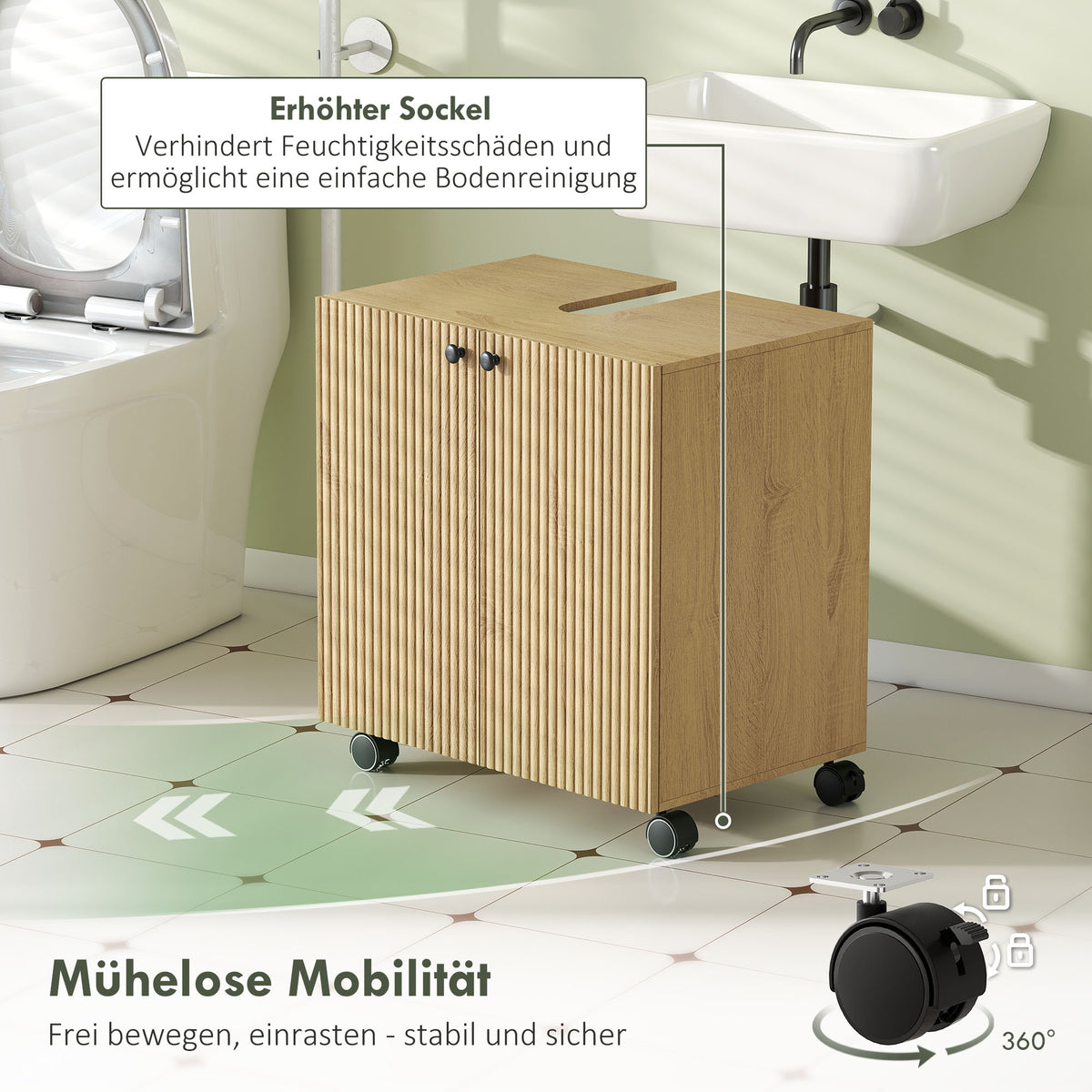 Waschbeckenunterschrank mit Rollen und verstellbarem Regal
