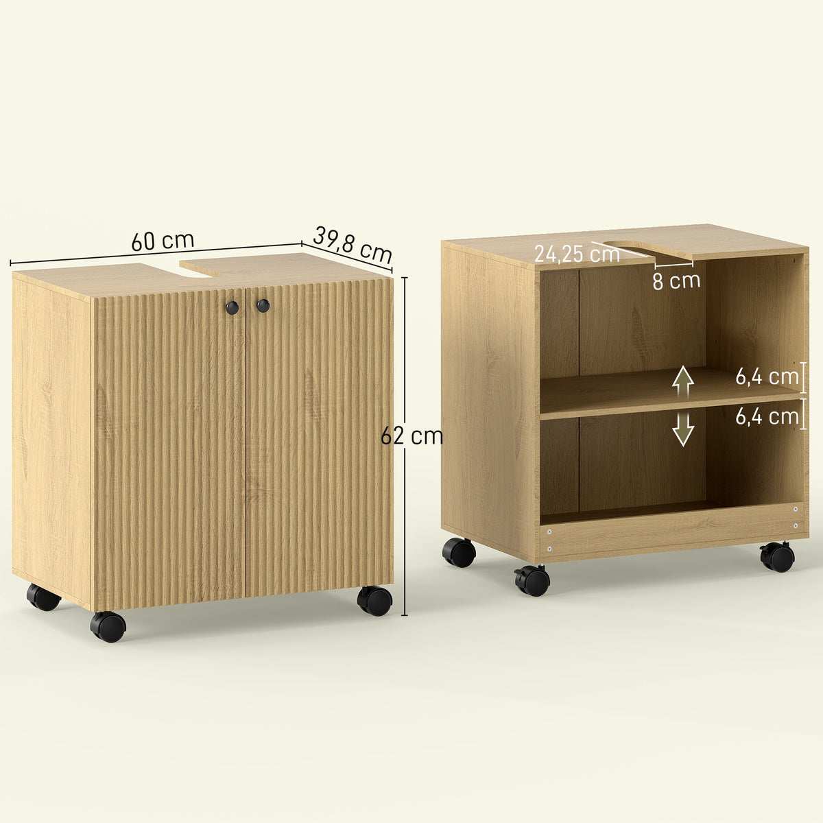 Waschbeckenunterschrank mit Rollen und verstellbarem Regal