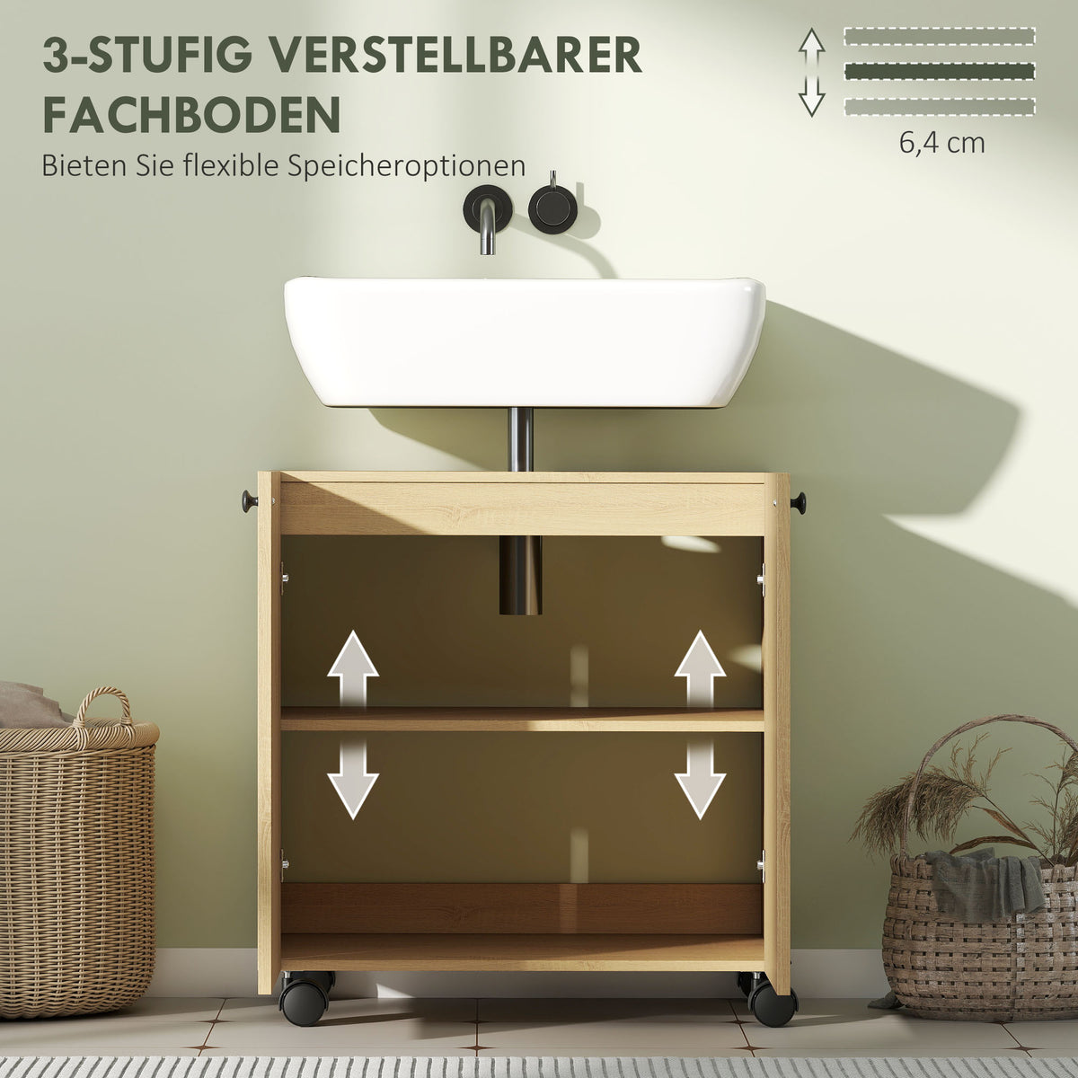 Waschbeckenunterschrank mit Rollen und verstellbarem Regal