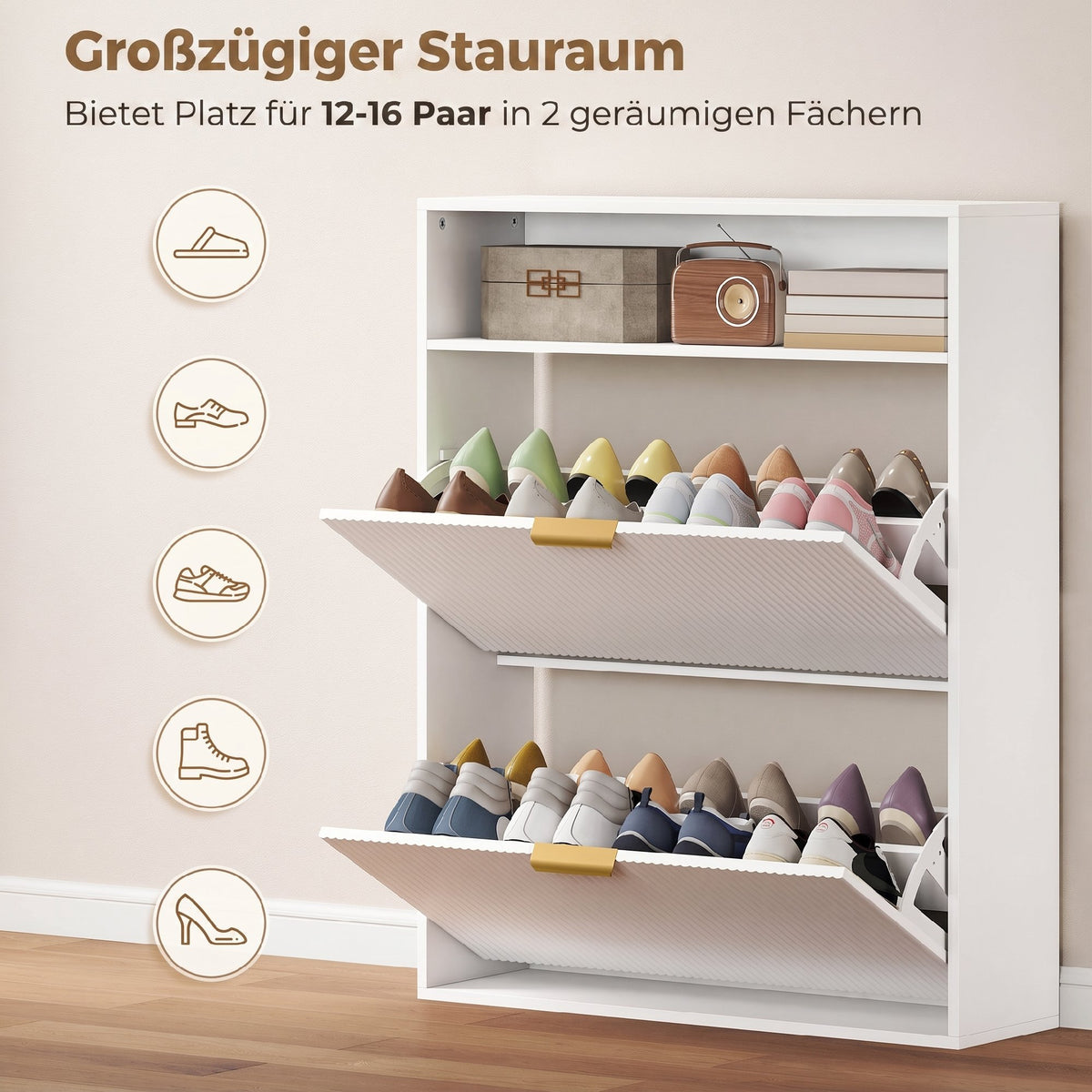 Schuhschrank mit 2 Klappfächern und Ablage