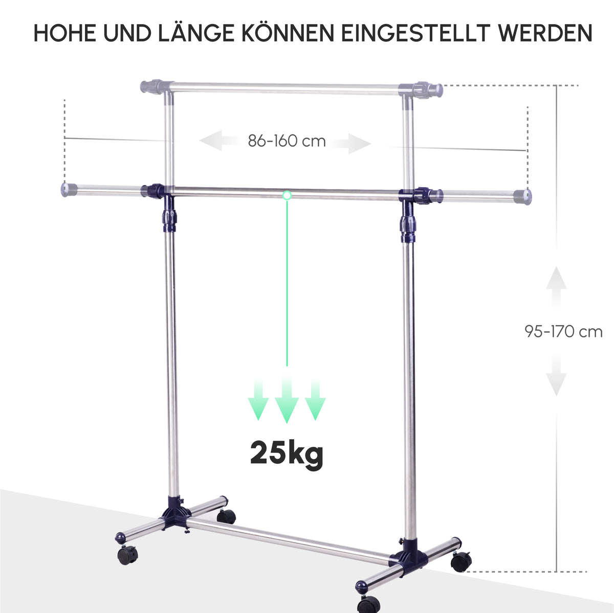 Verstellbarer Kleiderständer aus Edelstahl mit Rollen