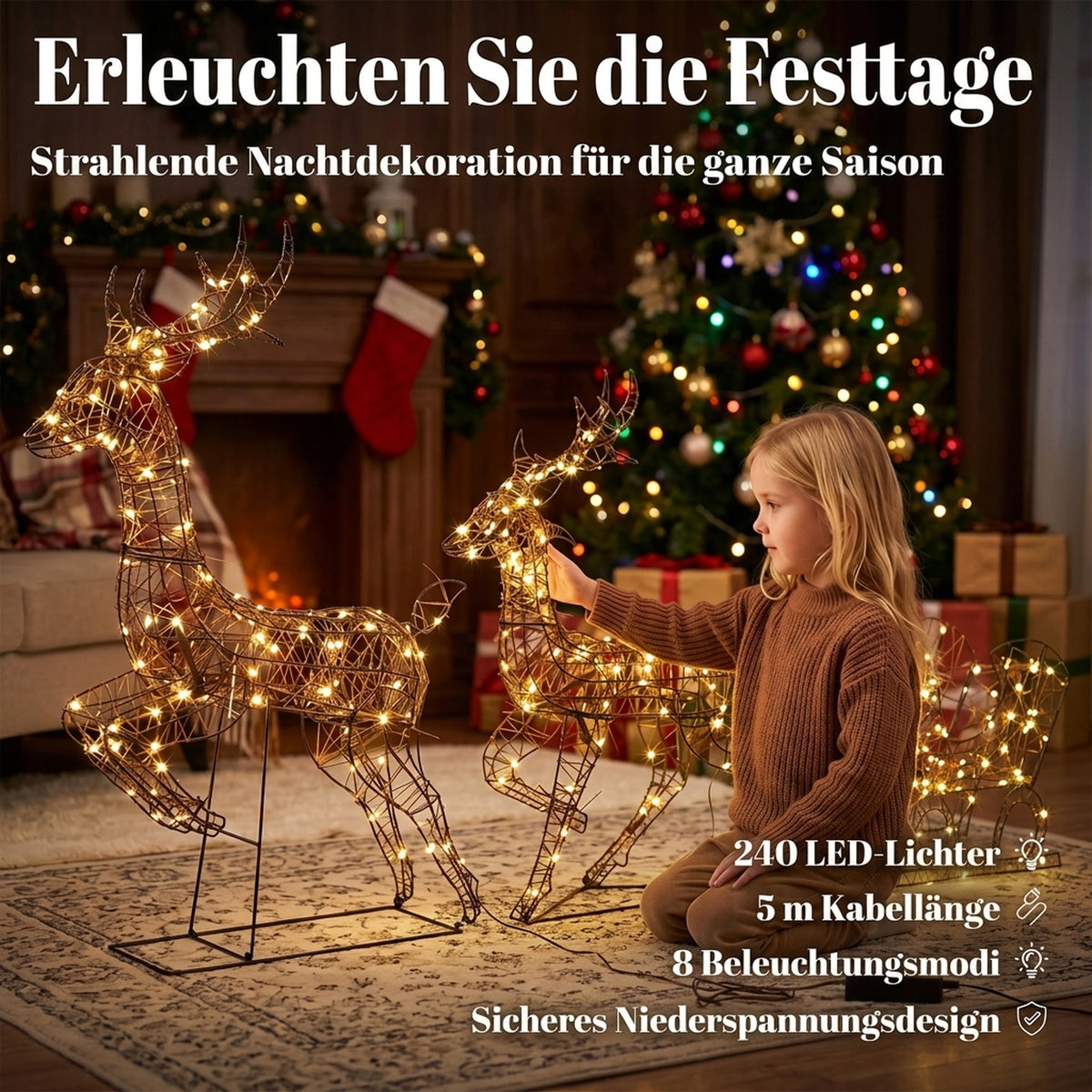 Beleuchtetes Rentier- und Schlitten-Set mit 240 LEDs