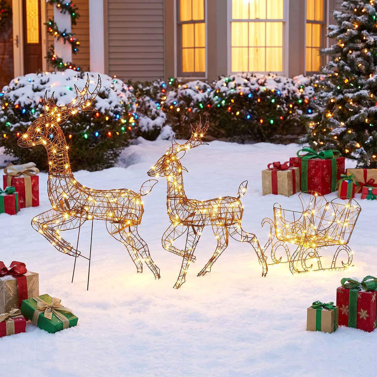 Beleuchtetes Rentier- und Schlitten-Set mit 240 LEDs
