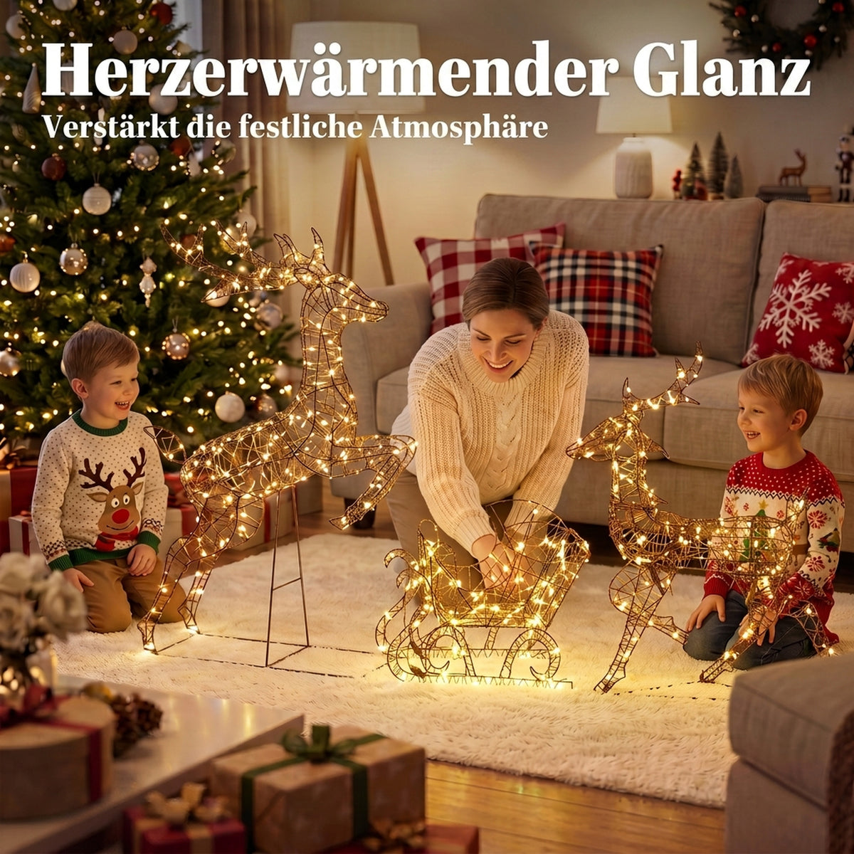 Beleuchtetes Rentier- und Schlitten-Set mit 240 LEDs