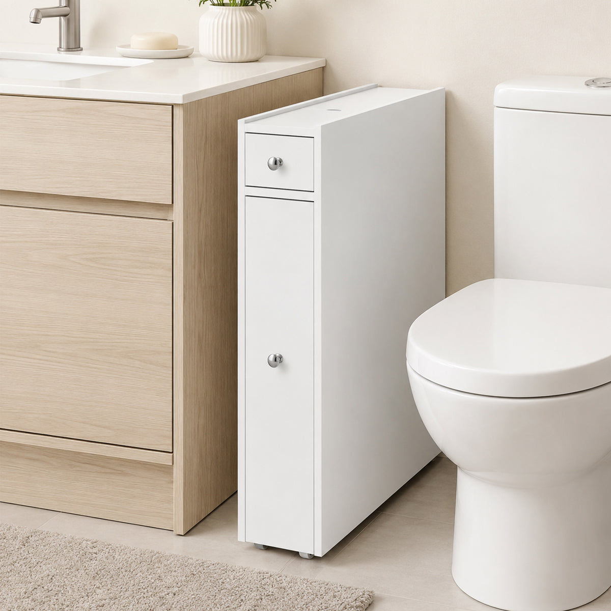 Schmaler Badezimmerschrank mit zwei Schubladen