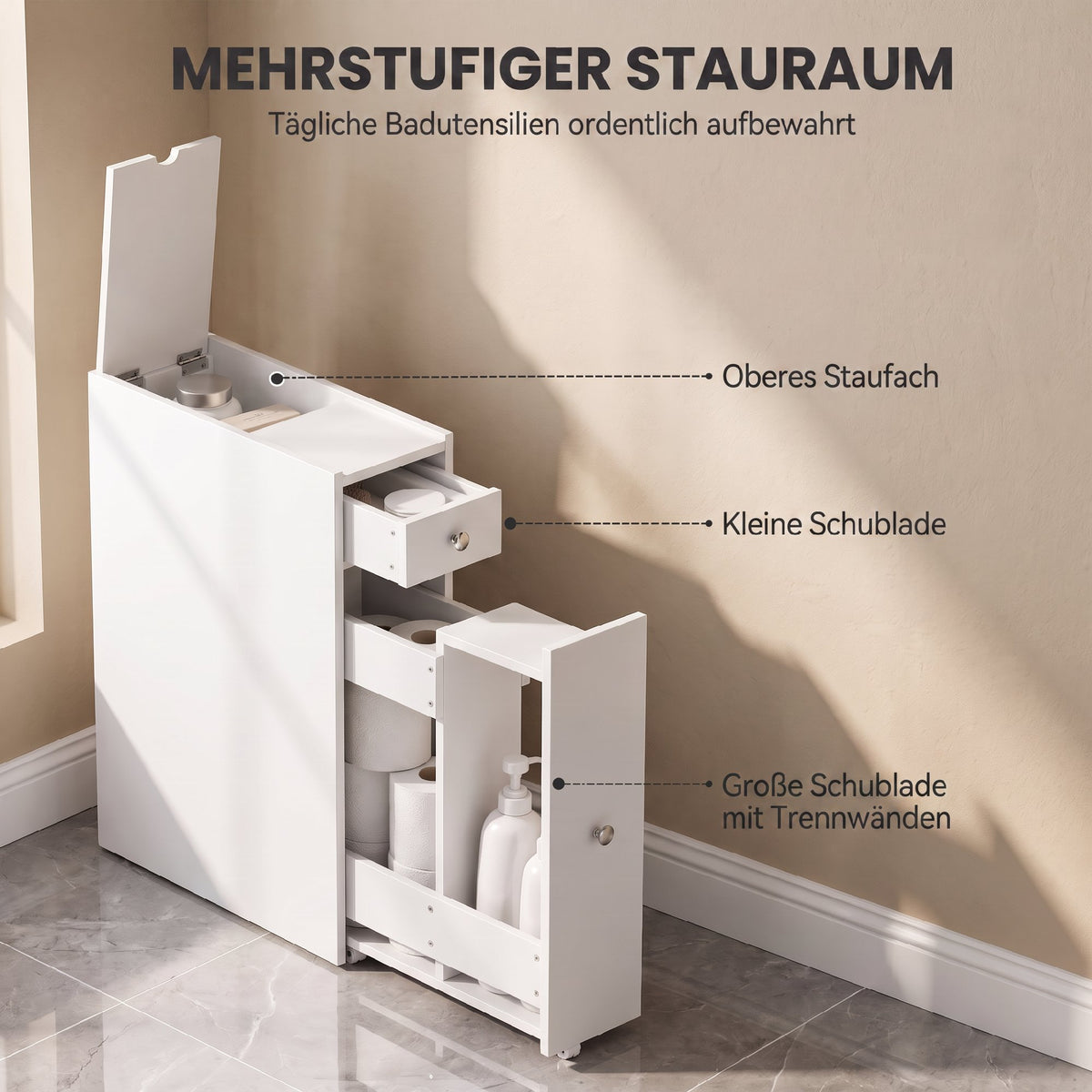 Schmaler Badezimmerschrank mit zwei Schubladen