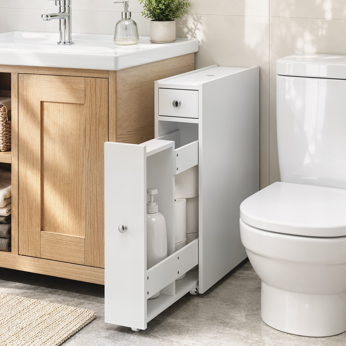 Schmaler Badezimmerschrank mit zwei Schubladen