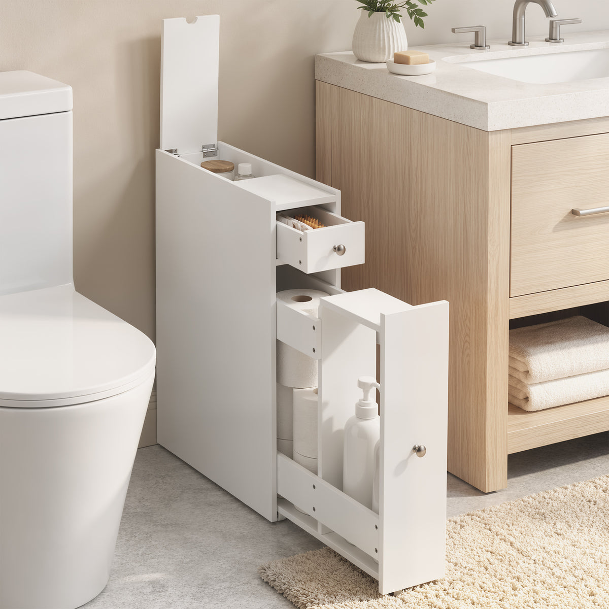 Schmaler Badezimmerschrank mit zwei Schubladen