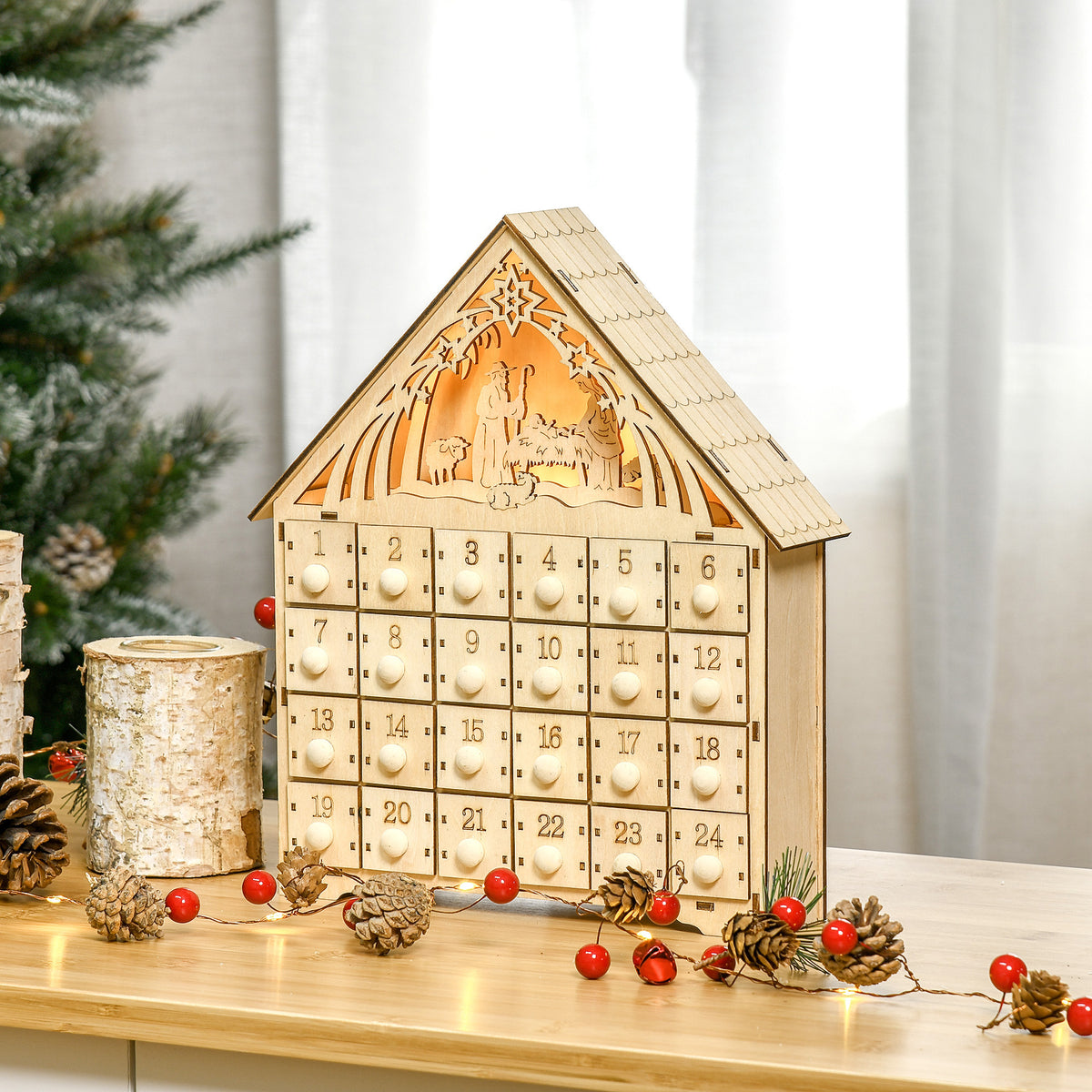 Adventskalender mit 24 Schubladen und LED-Licht