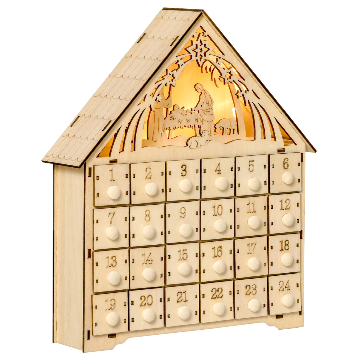 Adventskalender mit 24 Schubladen und LED-Licht