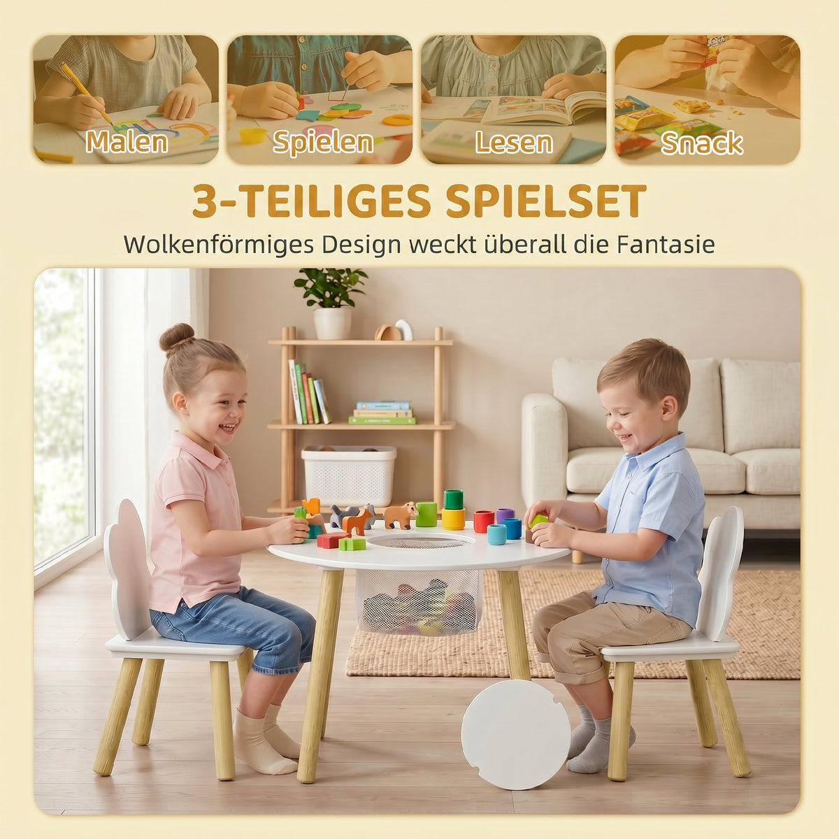 Kindertisch mit zwei Stühlen, 3-teilig
