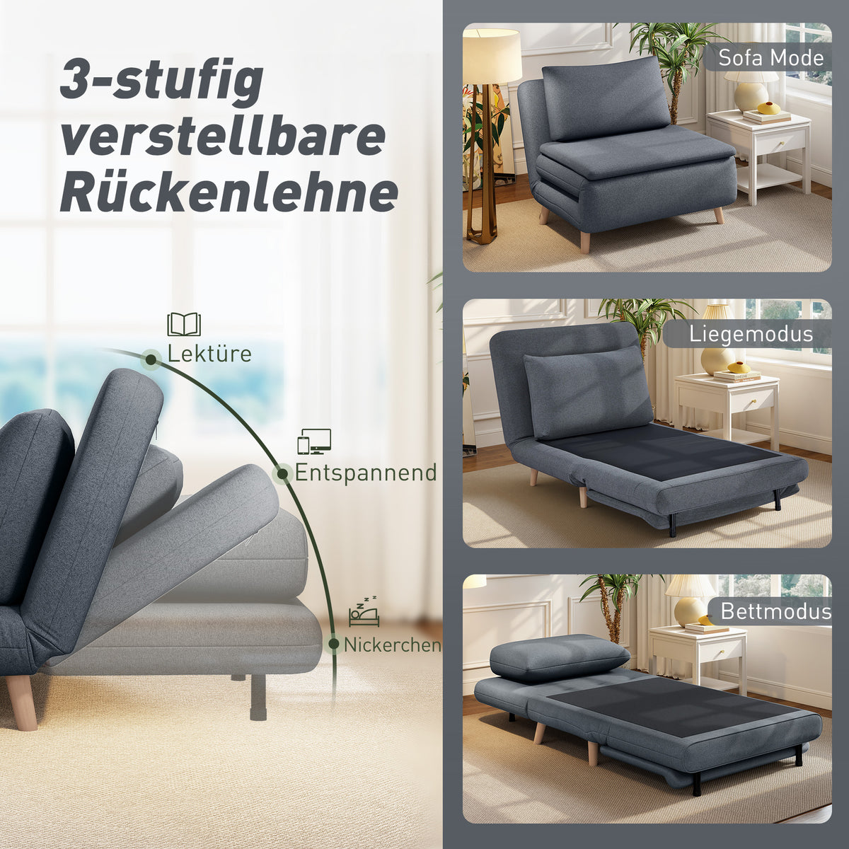 3-in-1 Schlafsessel mit verstellbarer Rückenlehne