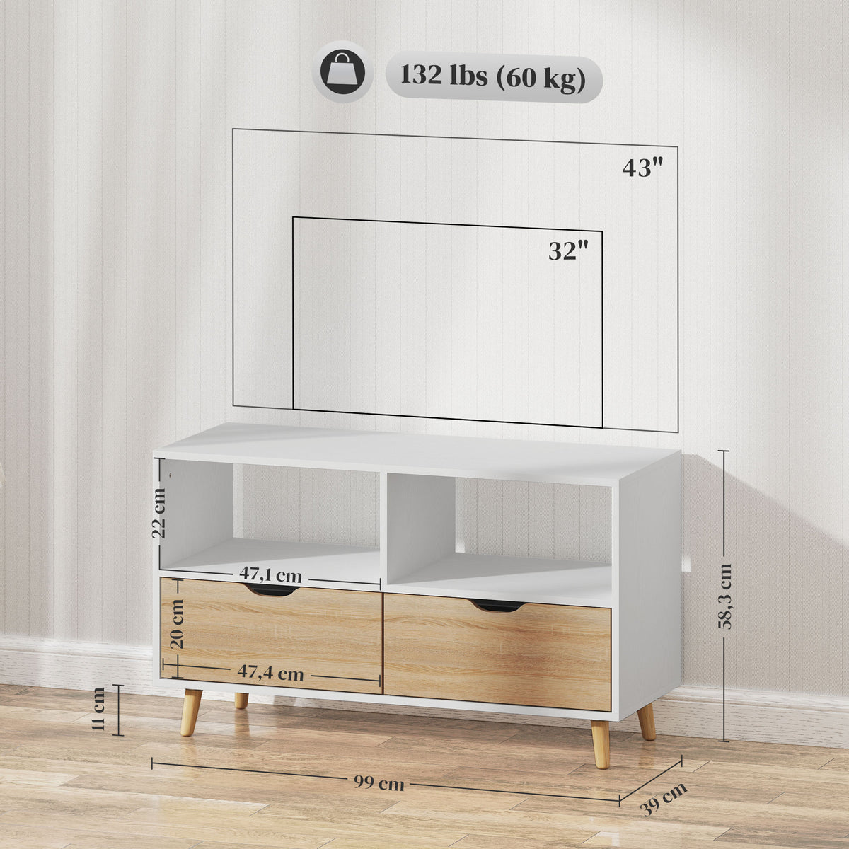 TV-Kommode 99 cm mit Schubladen und offenen Fächern