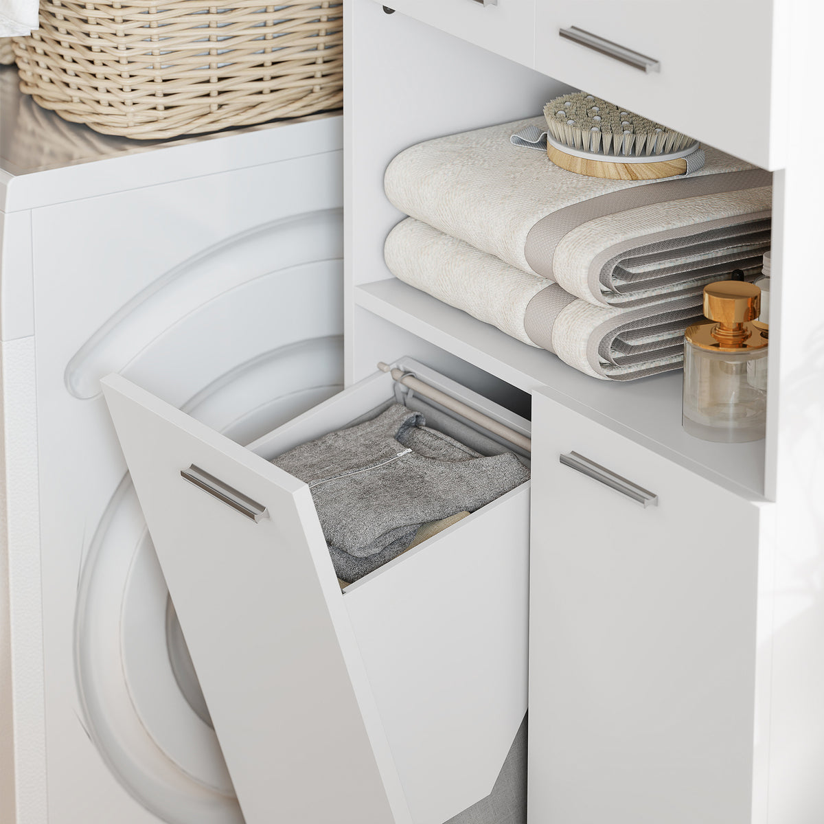 Badezimmerschrank mit Wäschekorb und Soft-Close