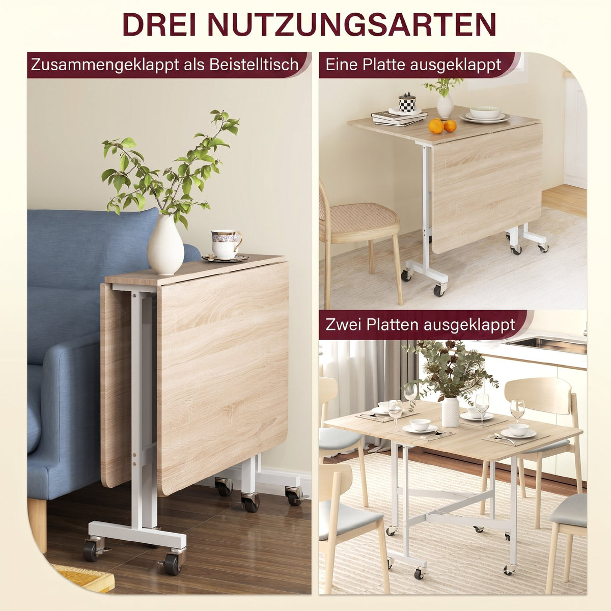 Klappbarer Esstisch mit Rollen und Bremsen, Eiche