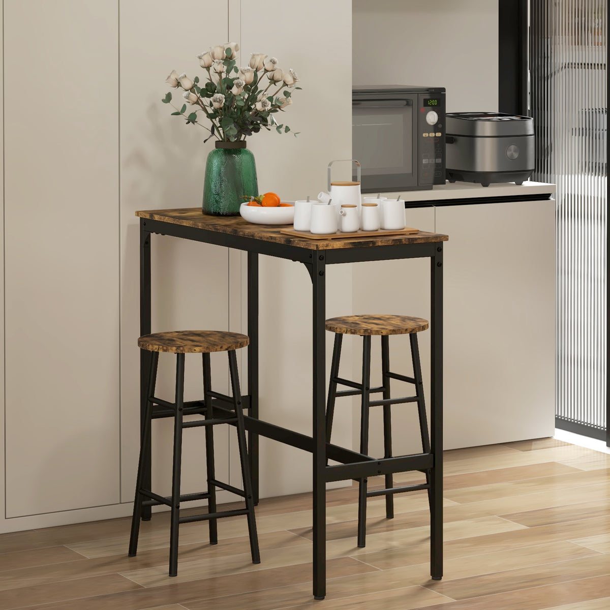 3-teiliges Bartisch-Set mit zwei Hockern
