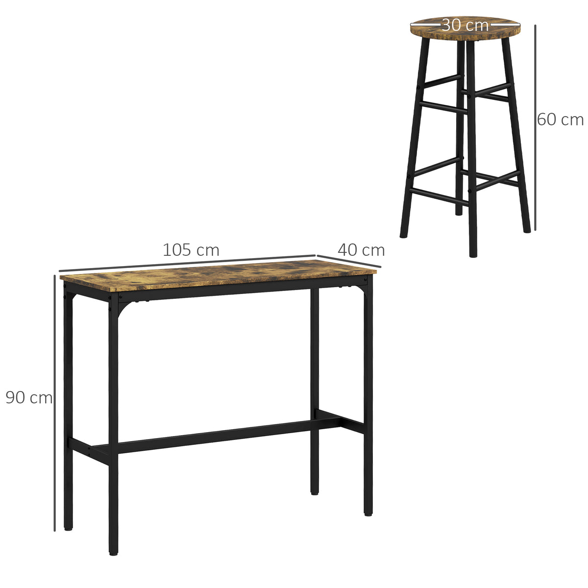 3-teiliges Bartisch-Set mit zwei Hockern