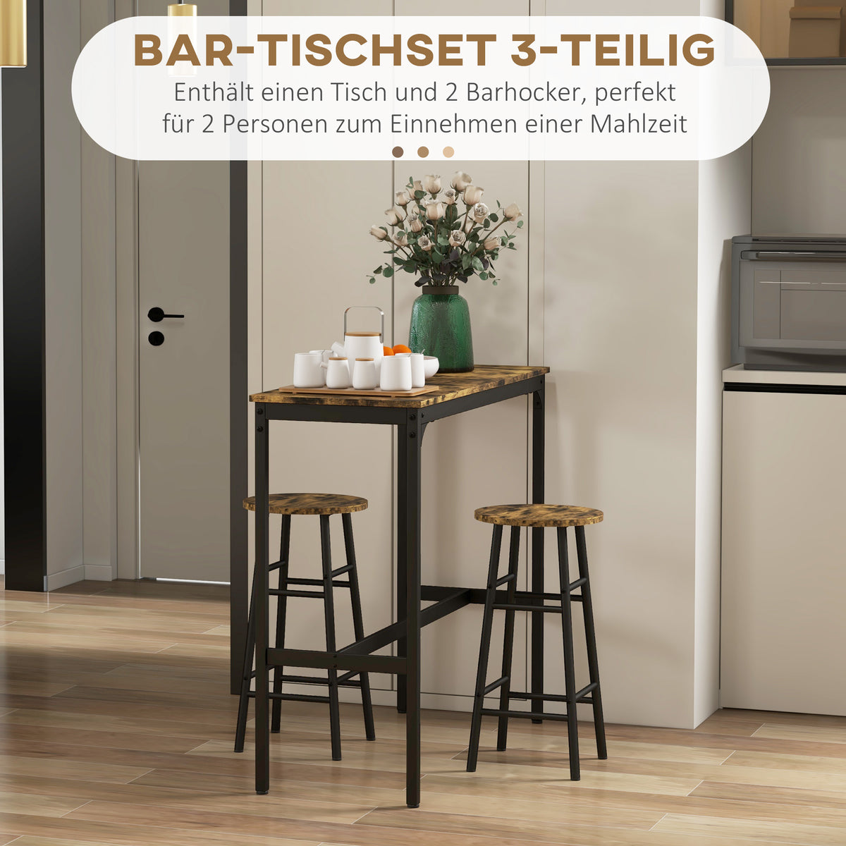 3-teiliges Bartisch-Set mit zwei Hockern