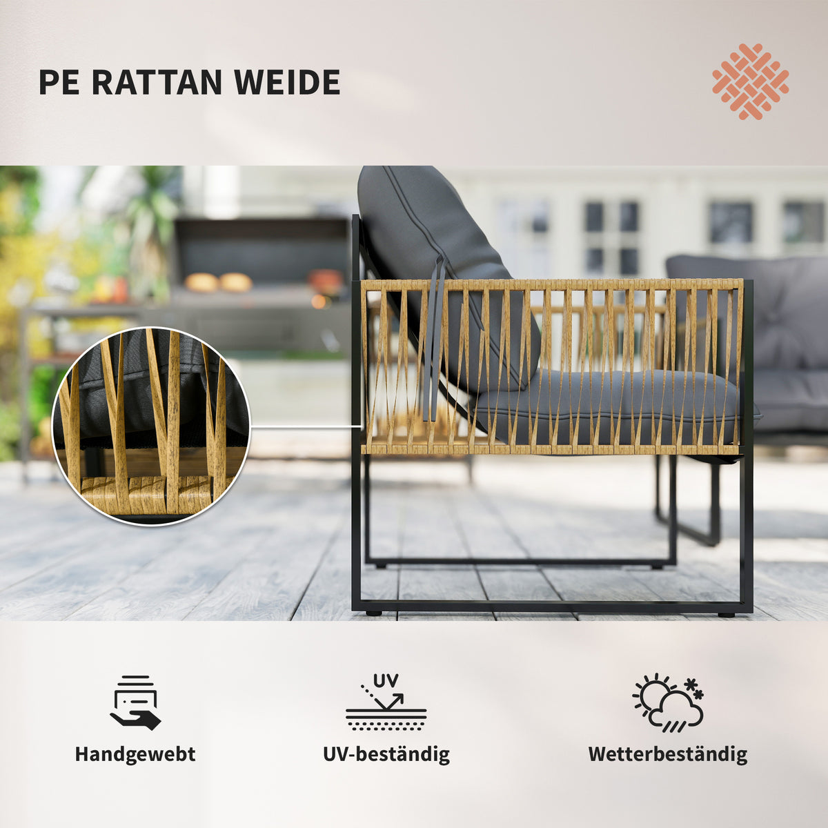 4-teiliges Gartenmöbel-Set aus Polyrattan mit Glastisch