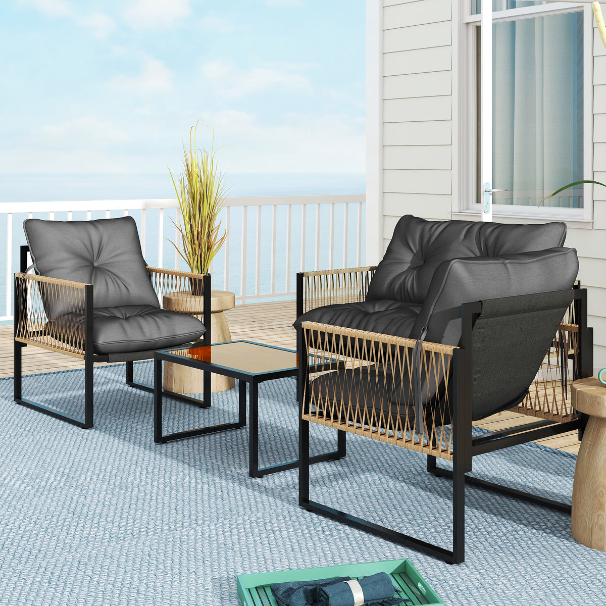 4-teiliges Gartenmöbel-Set aus Polyrattan mit Glastisch