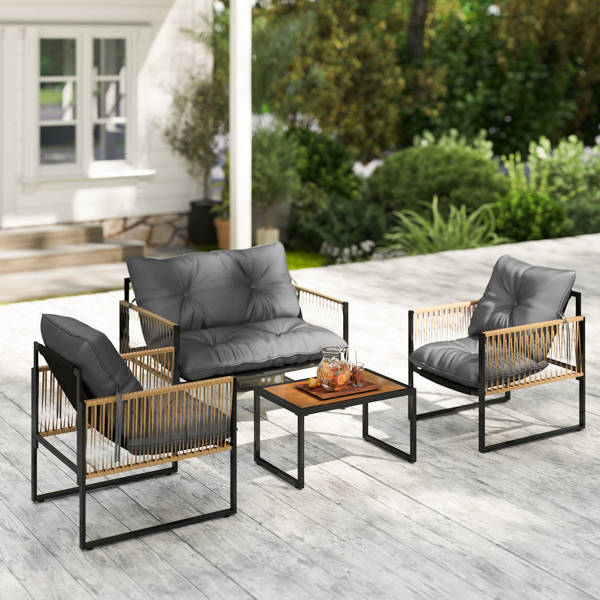 4-teiliges Gartenmöbel-Set aus Polyrattan mit Glastisch