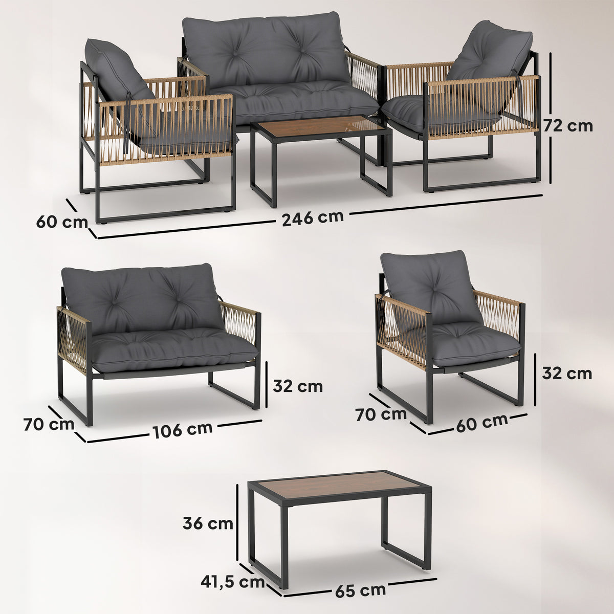 4-teiliges Gartenmöbel-Set aus Polyrattan mit Glastisch