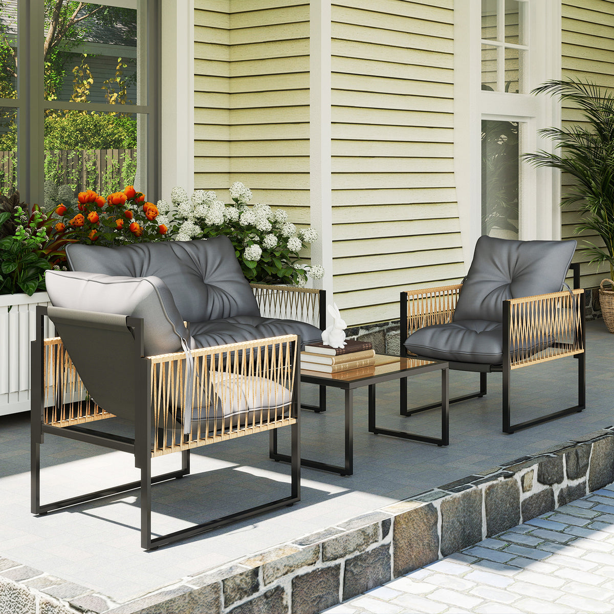 4-teiliges Gartenmöbel-Set aus Polyrattan mit Glastisch