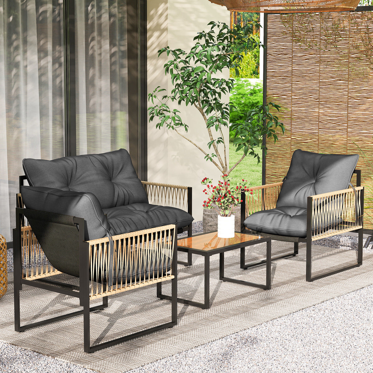 4-teiliges Gartenmöbel-Set aus Polyrattan mit Glastisch