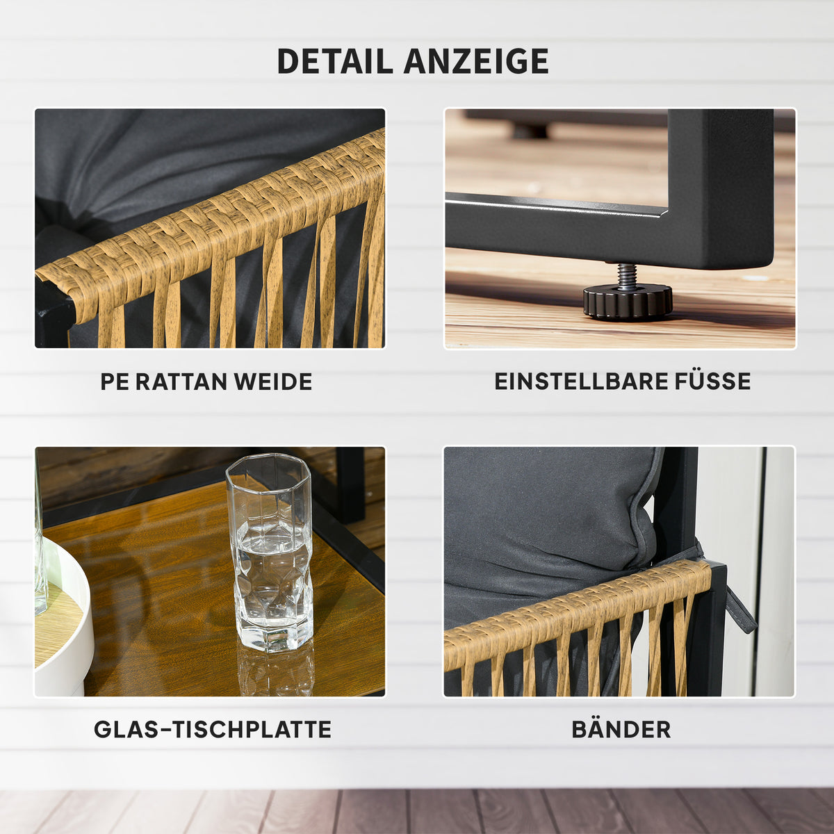 4-teiliges Gartenmöbel-Set aus Polyrattan mit Glastisch